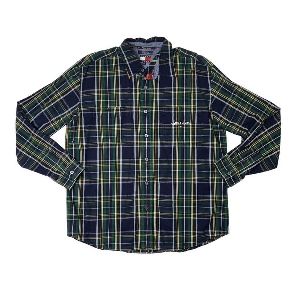 Vintage Tommy Hilfiger Jeans Shirt Mens L Large Multi Cotton Plaid Long Sleeve